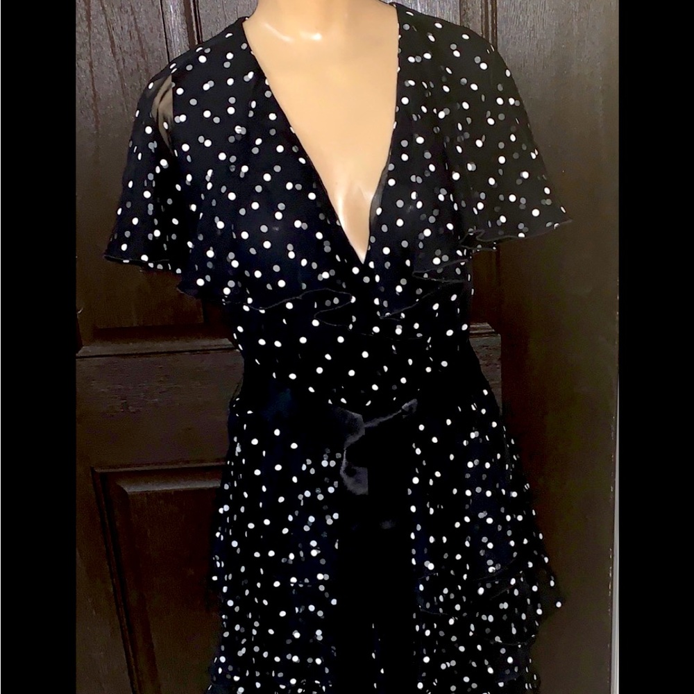 Vintage 80s Polka Dot Midi Dress Black White Flutter Sleeve Pat Richards Size 8